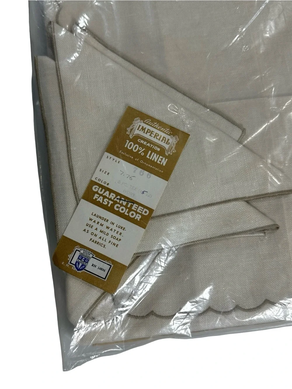 Vtg 50s Imperial 100% Belgian Linen Tablecloth 4 Napkins Tea Set Ivory 42x42 NIP